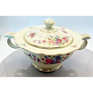 Victoria Czech China Sugar Bowl with Lid Covered Floral Gilt VIT 205 Vintage